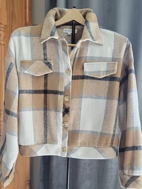 Plaid Cropped Utility Jacket - Beige & White